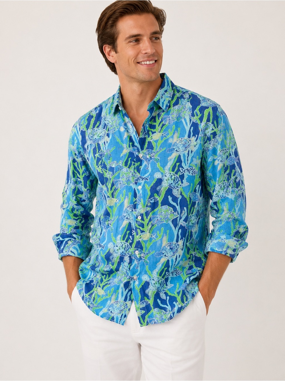 Lilly Pulitzer Men’s Stuff Wyeth 100% Linen Shirt L Sea Turtle Coastal Resort
